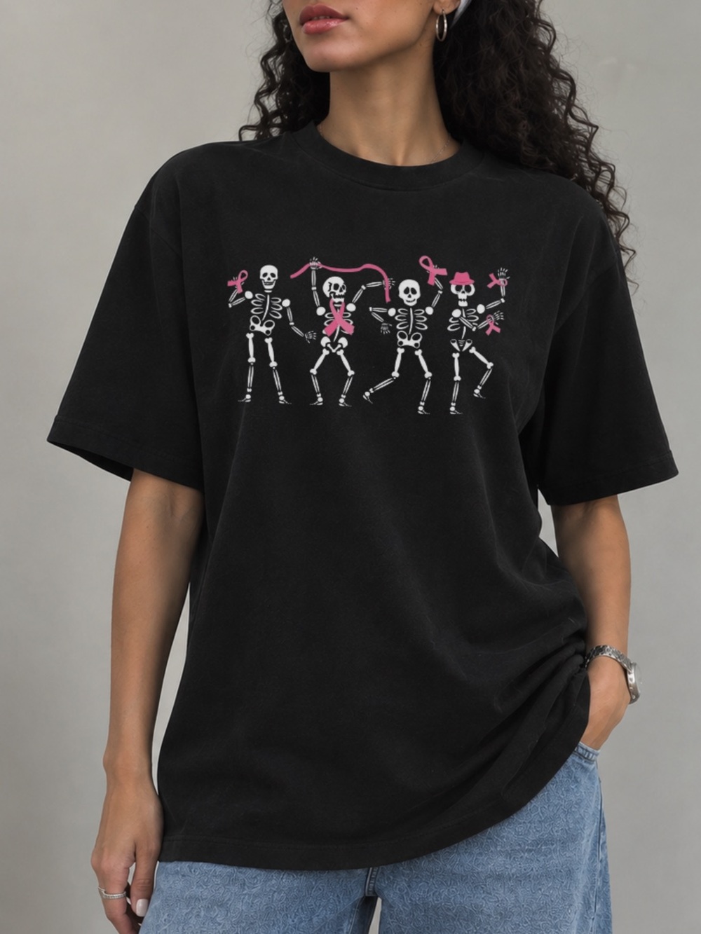 Halloween Breast Cancer Tee Dancing Skeletons Pink Ribbon Unisex T-Shirt